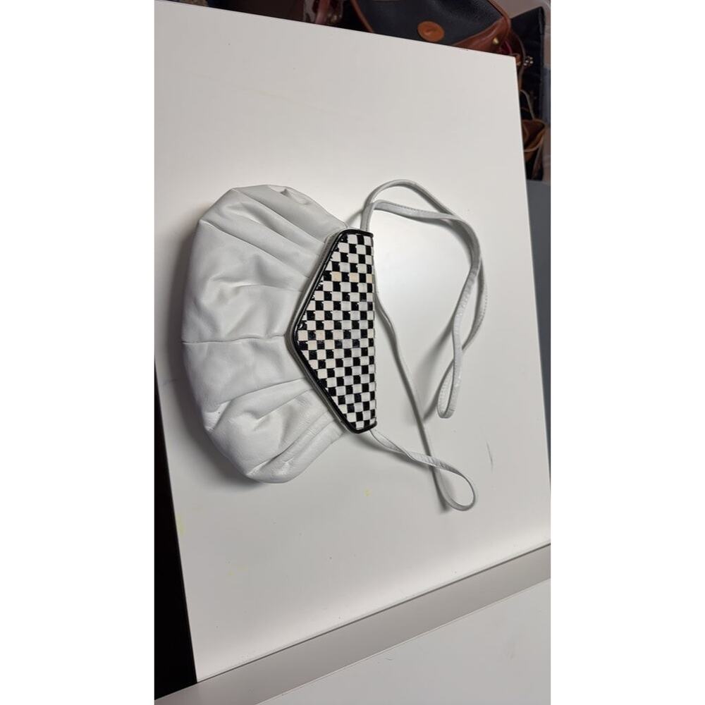 Raviani White Leather Handbag with Checkerboard Accent